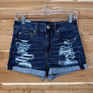 American Eagle Denim Shorts High Rise‎ Dark Wash Distressed Strech Womens Size 4